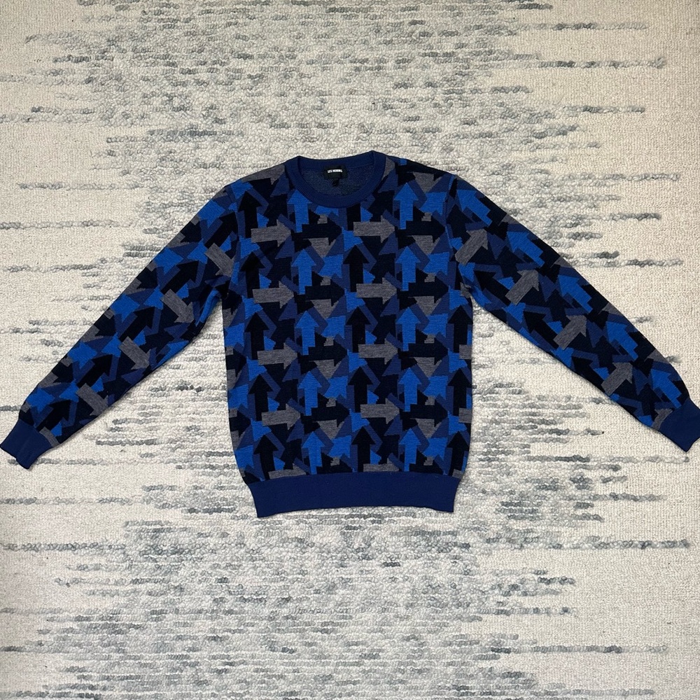 Les Hommes Navy and Black Patterned Crewneck Sweater
